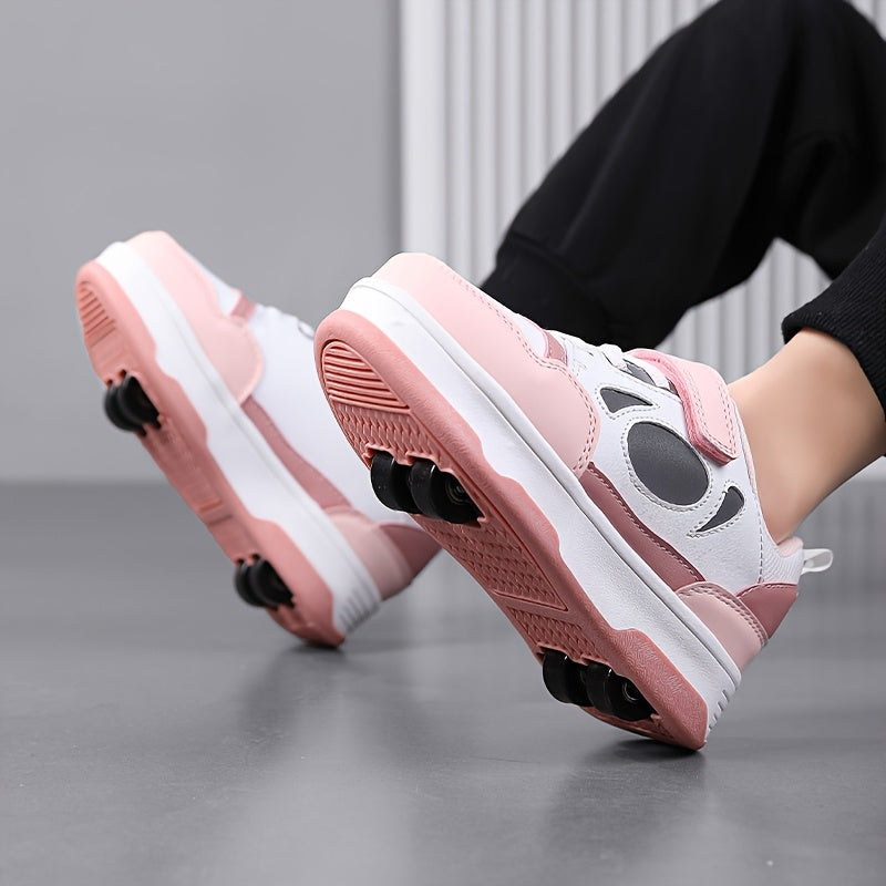 Girls' Pink and White Roller Skate Shoes with Breathable Lining Non-Slip Sole and Hook-and-Loop Fastener