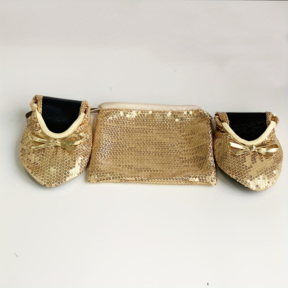 Women's Foldable Portable Travel Ballet Flat Shoes With Sequins and Pouch