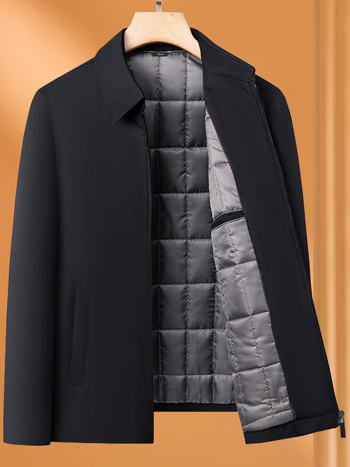 Erkaklar uchun qishki qalin premium yaka palto, 100% polyesterdan tayyorlangan, bir rangli biznes palto, zip yopilishi bilan, odatdagi moslikda