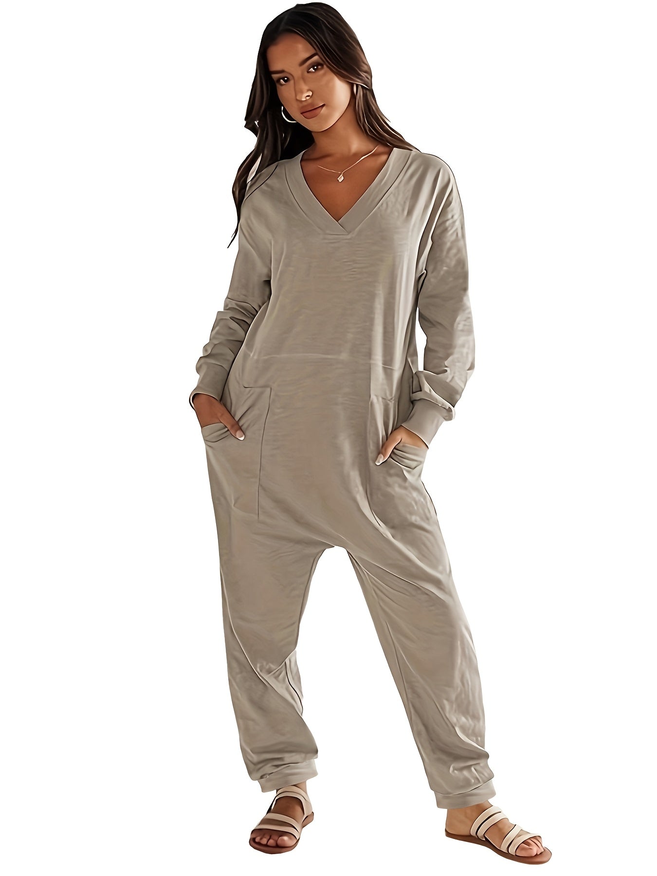 Women's Plus Size V-Neck Jumpsuit with Pockets and Stretch Fabric