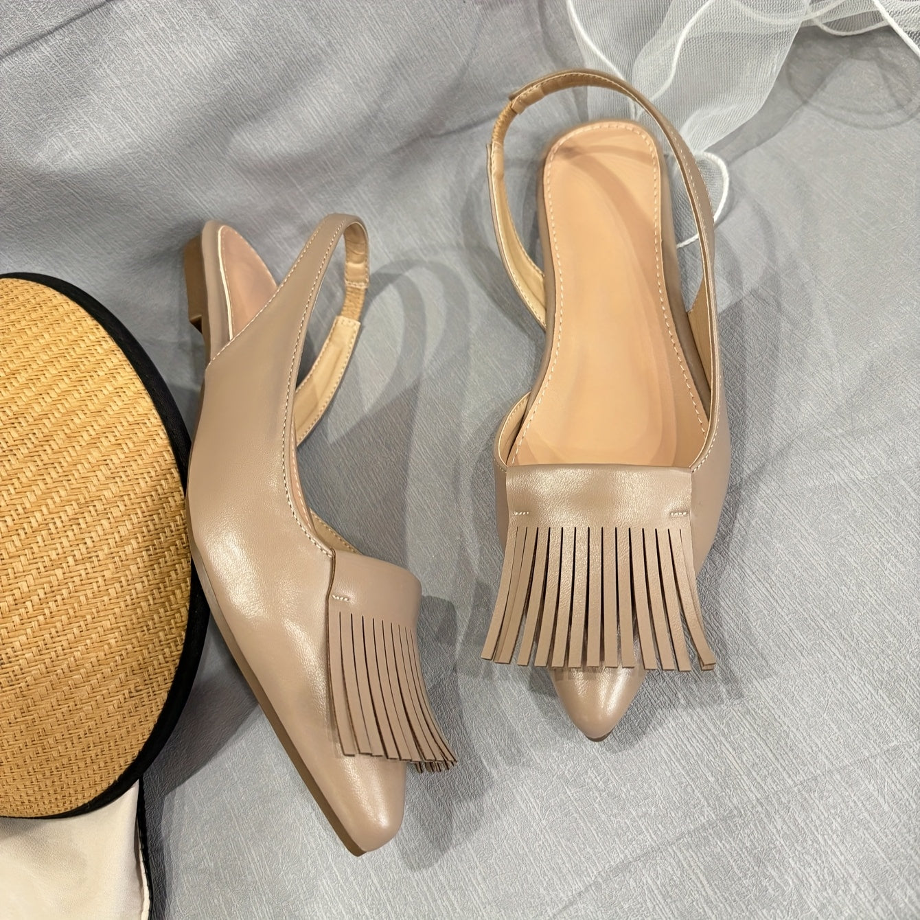 Women's Apricot Wide Fit Flat Sandals with Tassels, Comfortable Casual Shoes