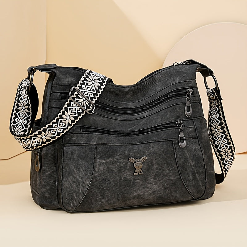 Bolso de hombro vintage para mujer estilo bohemio de cuero sintético con cremallera ajustable