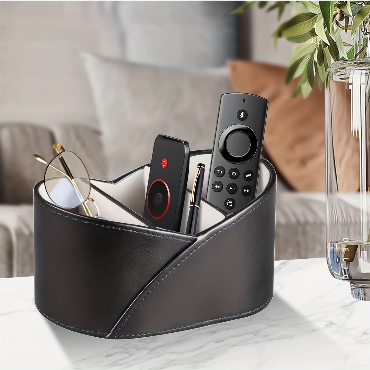 Faux Leather Remote Control Holder with 3 Compartments Birds Nest Design Waterproof Desk Organizer for Makeup Stationery