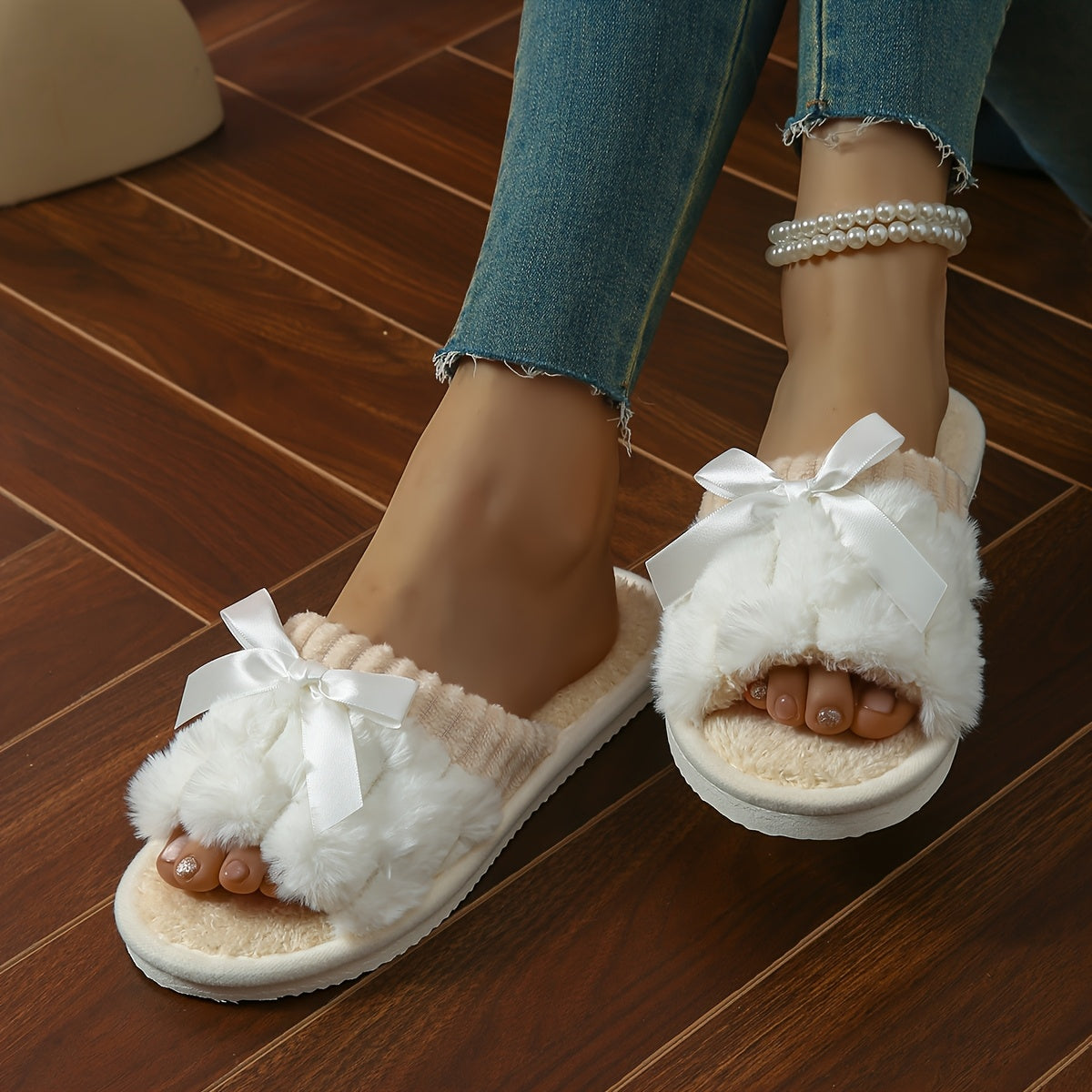 Women's Plush Bowknot Slip-On Slippers with Flannel Lining and Non-Slip Sole