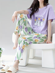 Women's Cotton Pajama Set Spring Fall Short Sleeve Long Pants Casual Floral Rabbit Design