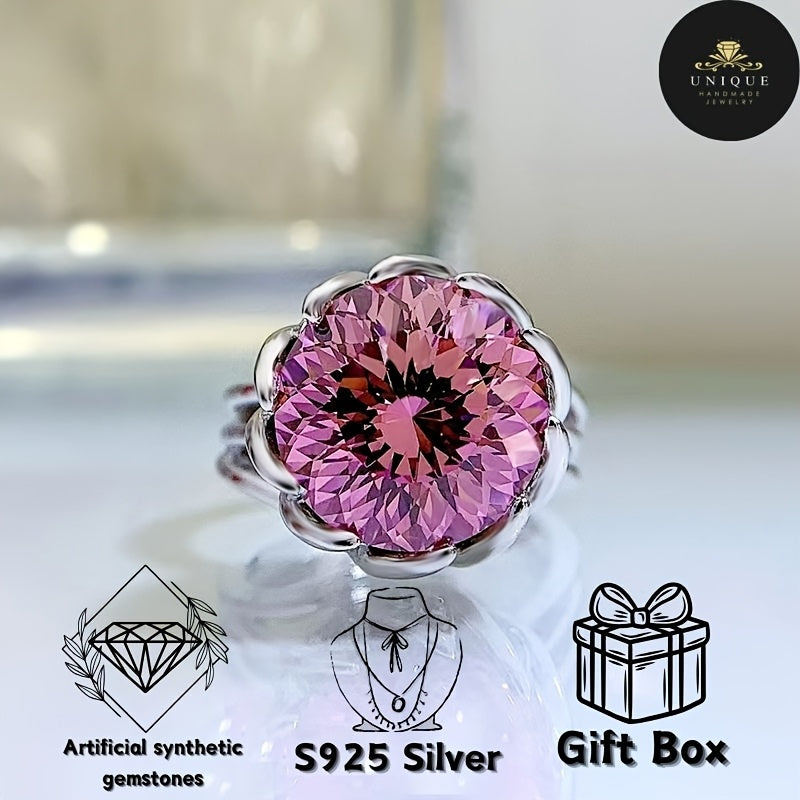 Sterling Silver Lotus Flower Ring with Pink Synthetic Gemstone 7.5 Carats Gift Box