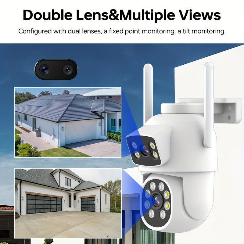 Tashqi simsiz xavfsizlik kamerasi, ikki linzali 360° ko'rinish, ilova xabarlari, rangli tungi ko'rinish, harakatni aniqlash, ikki tomonlama audio, SD/Cloud saqlash, IP65 suv o'tkazmaydigan - 4MP rezolyutsiya, 2.4g/5g Wifi'ni qo'llab-quvvatlaydi.