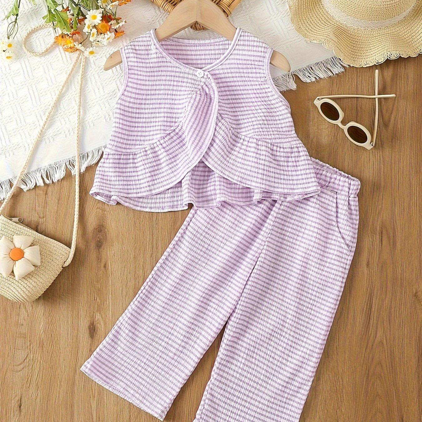 Girls Summer Plaid Pants Set with V-Neck Top and Wide-Leg Cropped Pants