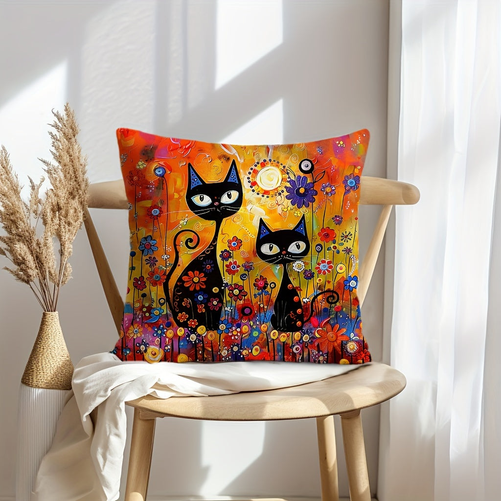 Black Cat Folk Art Throw Pillow Cover Sun Flowers 29.97x50.04cm or 44.96cm Square