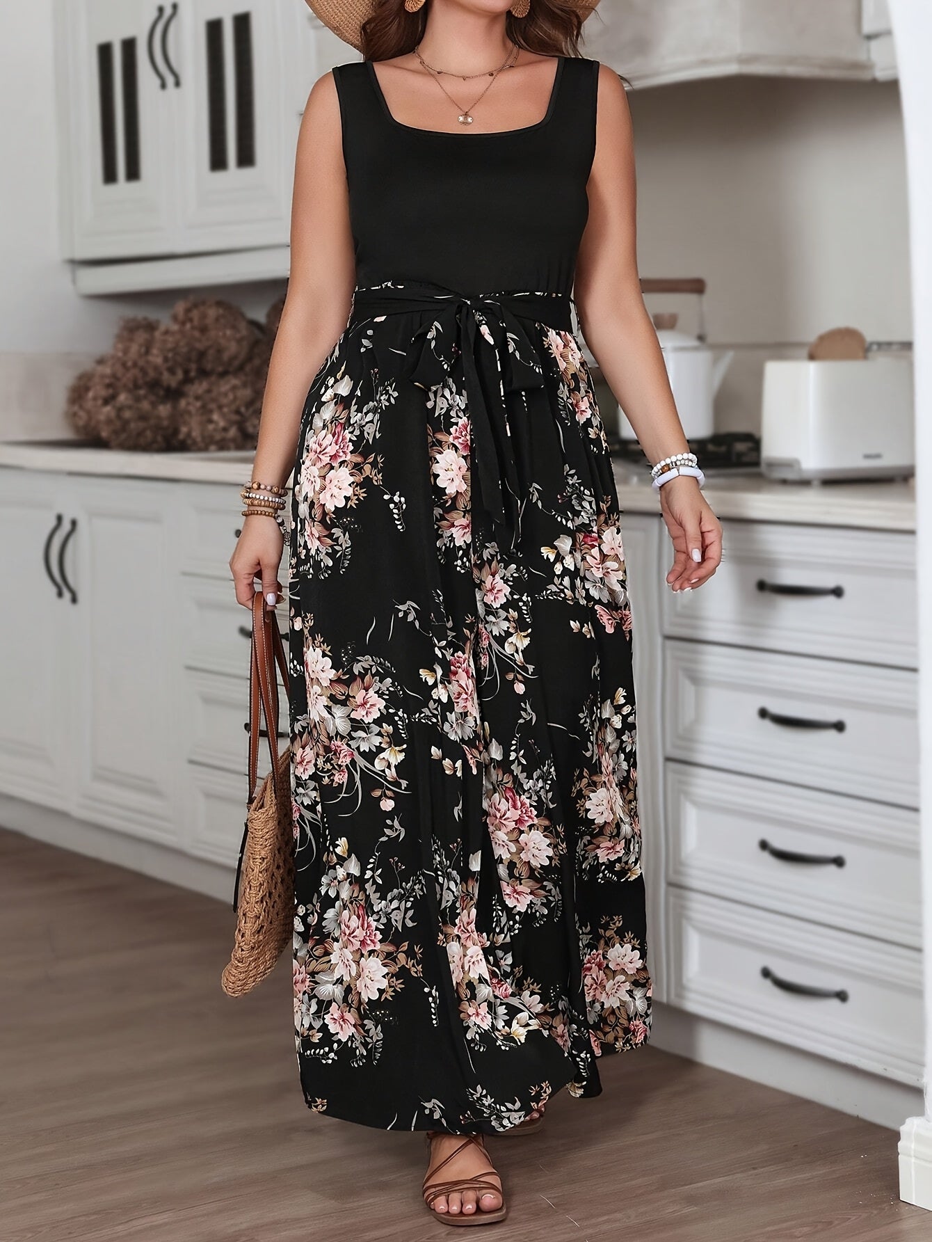 Women's Floral Print Sleeveless Dress with Adjustable Waist Black Casual Style