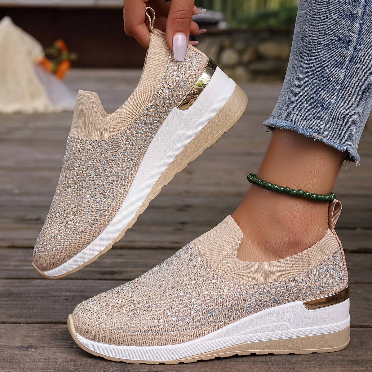 Women's Rhinestone Decor Platform Sneakers Casual Slip-On Outdoor Shoes
