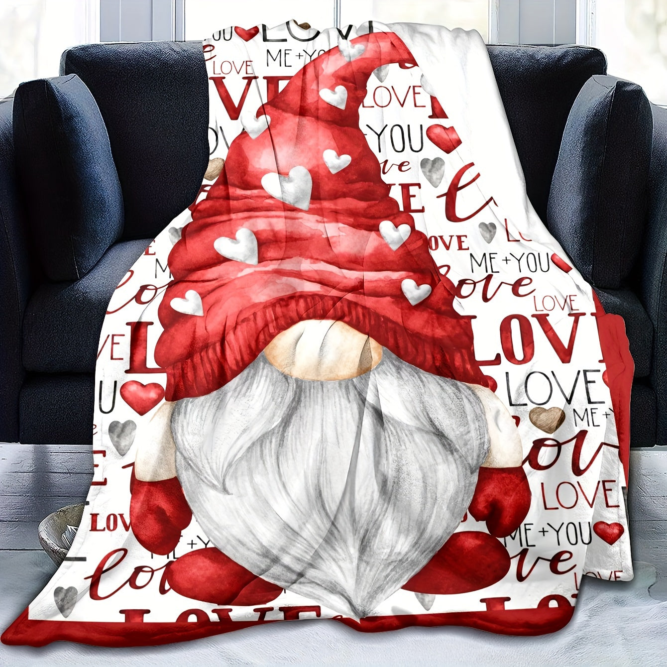 Gnome Themed Fleece Blanket with Love Letters for Couch Sofa Bedding Decor