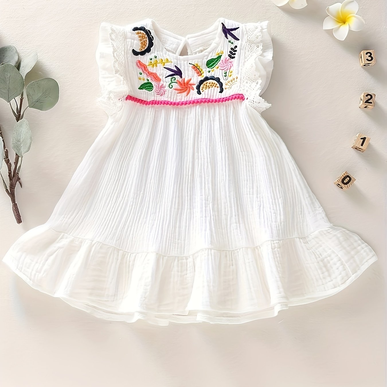 Baby Girl Cotton Dress with Ethnic Embroidery Ruffle Sleeveless Summer