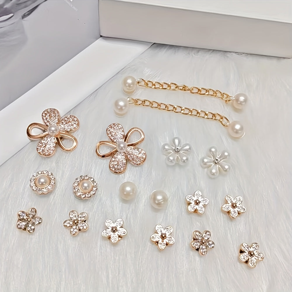 Women Faux Rhinestone Shoe Charms Set with Flowers and Chains 18pcs