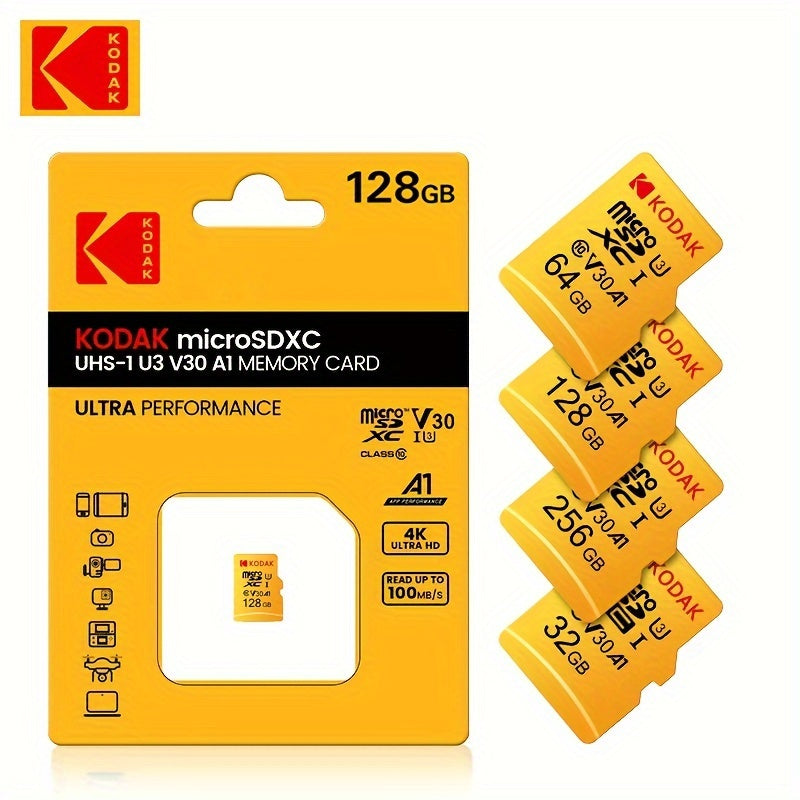 KODAK MicroSDXC xotira kartasi yuqori tezlikda 4K video yozish uchun, 64GB/128GB/32GB o'lchamlarida mavjud. Ultra ishlash, batareya talab qilinmaydi.