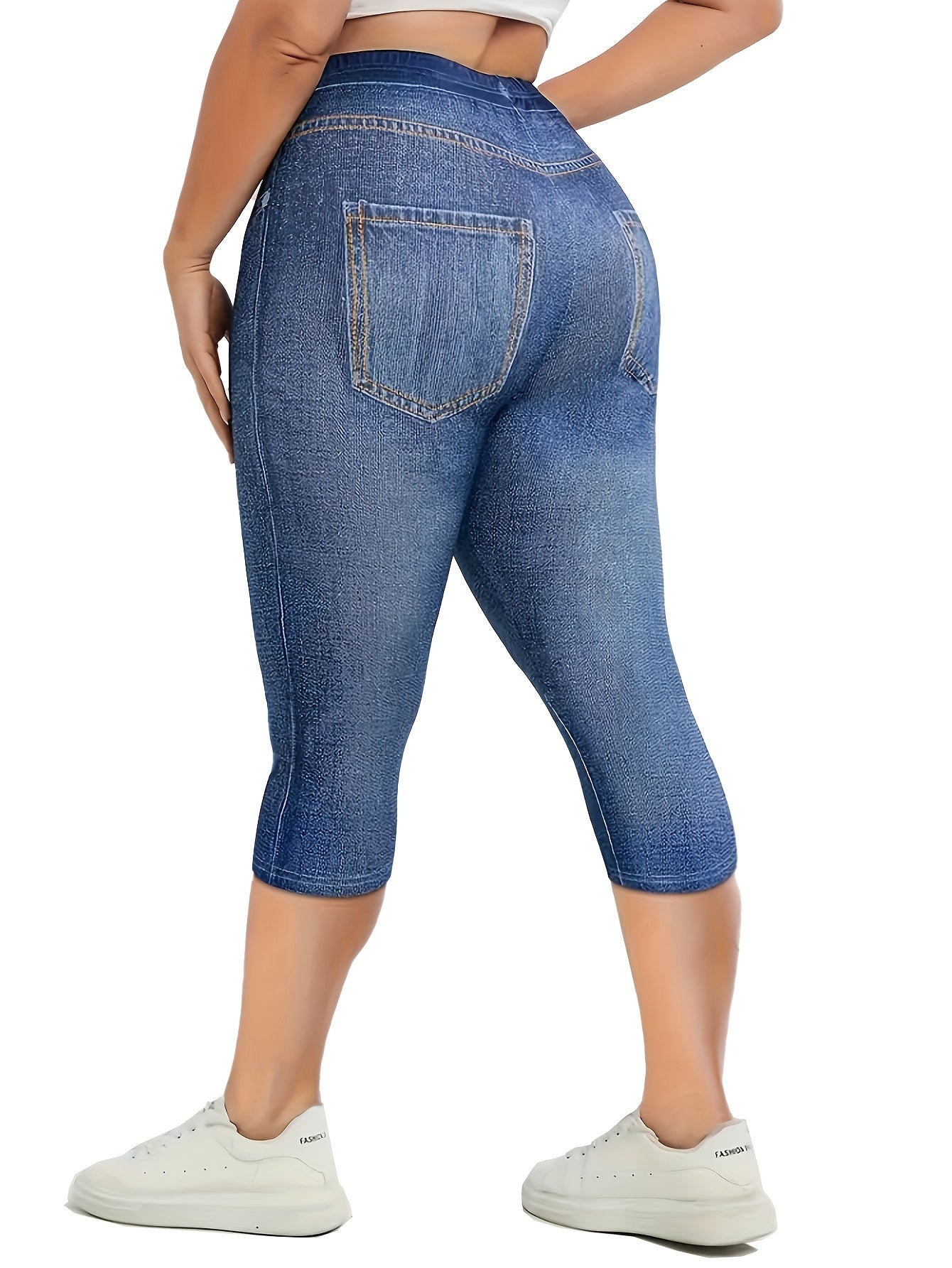 Plus Size Women's Faux Denim Shorts With Stretchy Fabric and Solid Color