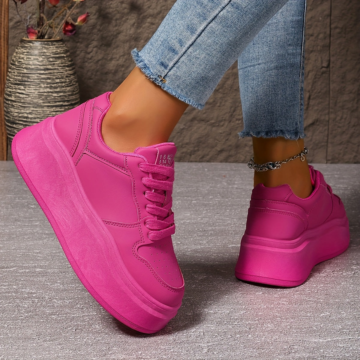 Women's Pink Chunky Sneakers All-Season Lace-Up Casual Sports Shoes