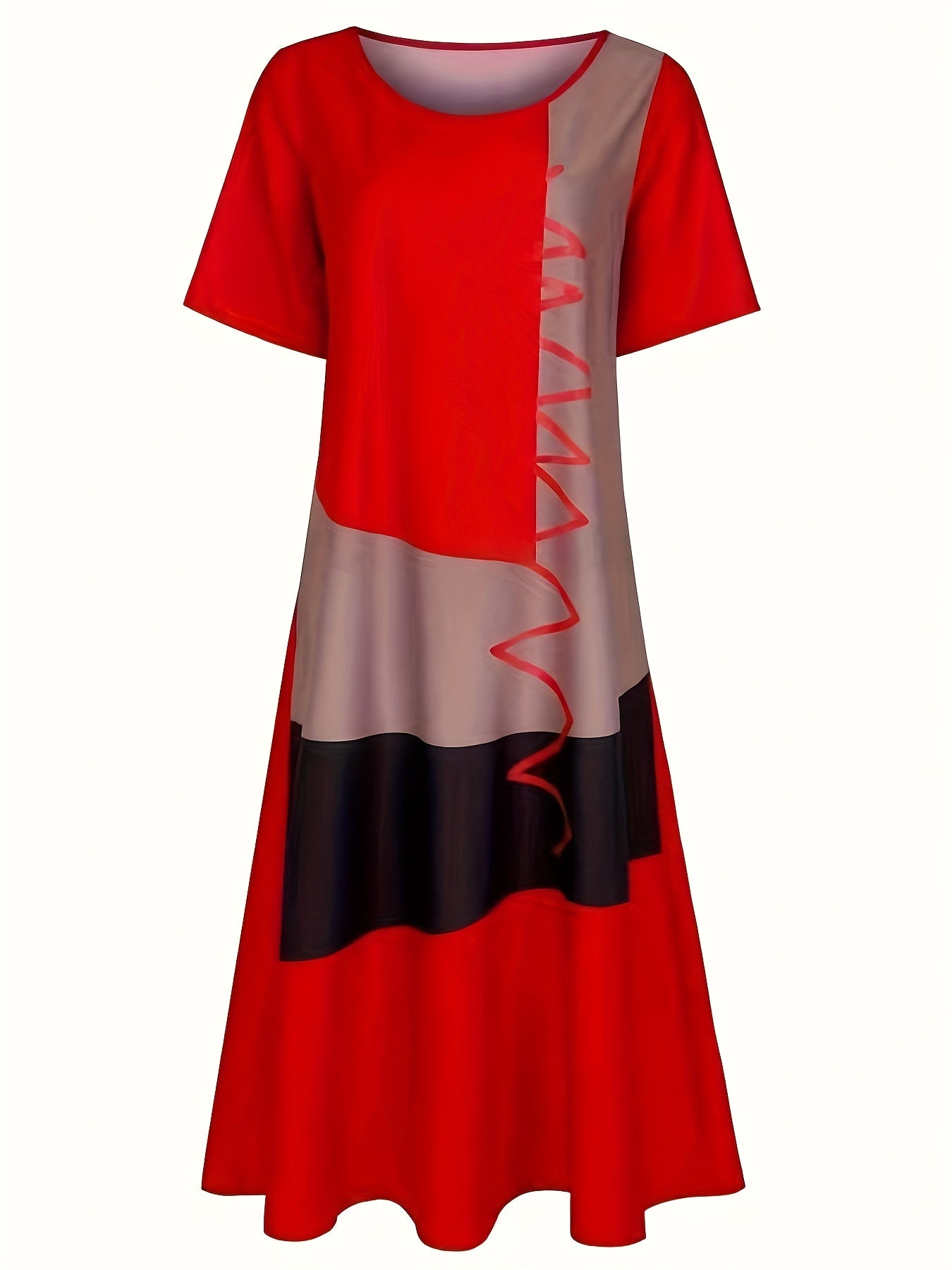 Plus Size Red and Black Abstract Print Maxi Dress with Pockets for Spring Summer Casual Wear