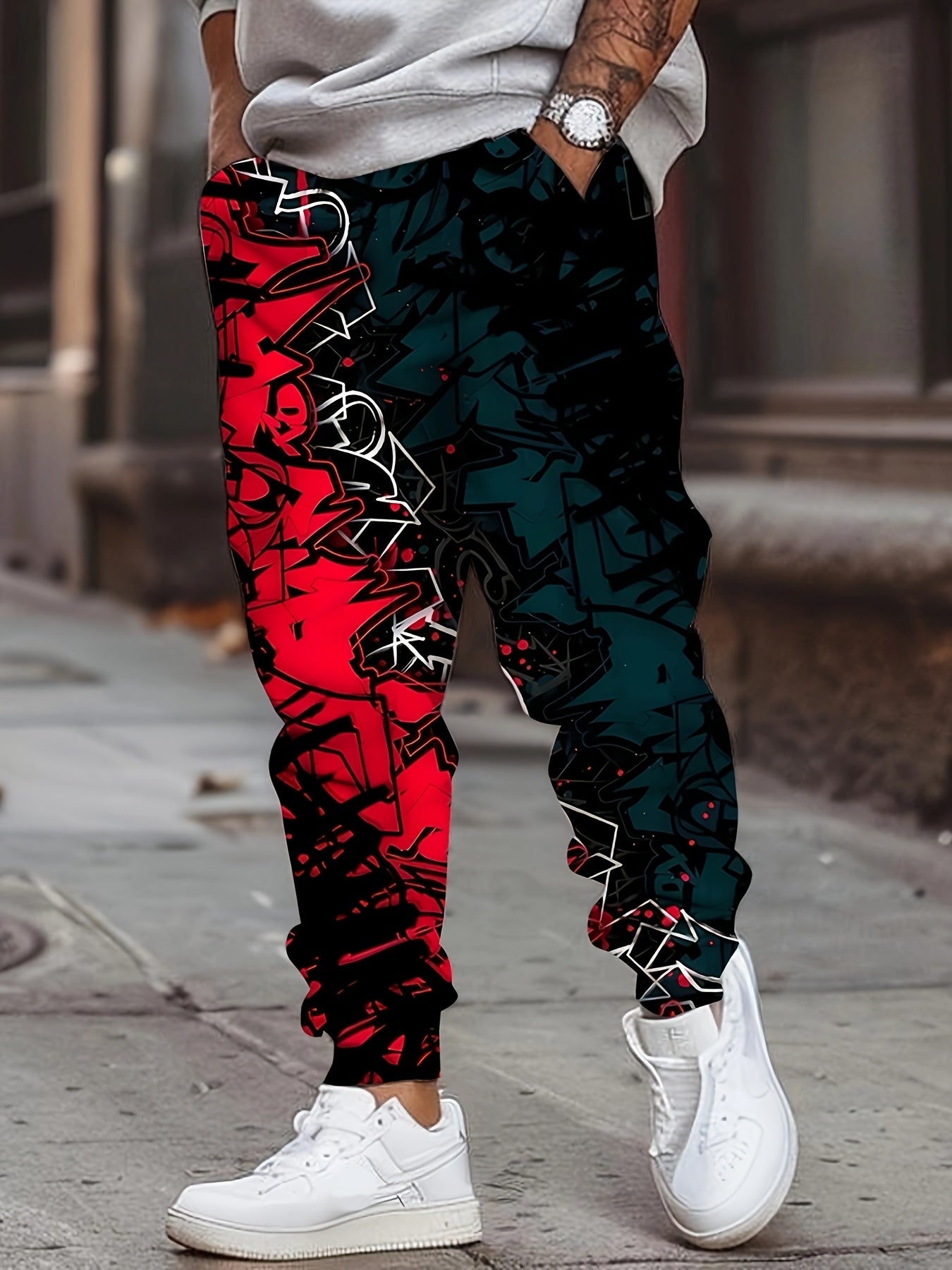 Men's Joggers with 3D Graffiti Print Drawstring Pockets Polyester Sweatpants All Seasons