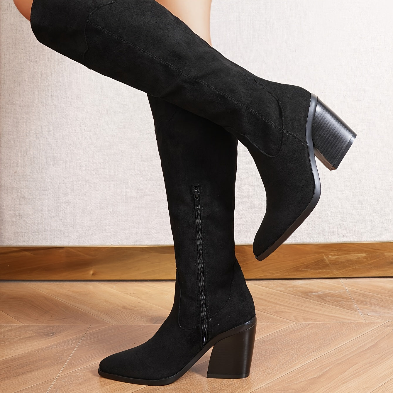 Women's Knee-High Boots with Block Heel and Flannel Upper