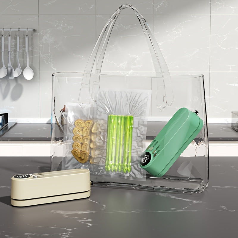 Bir tugma bilan ishlaydigan portativ vakuum yopishtiruvchi, tez yopish va joyni tejash uchun mo'ljallangan. Gazaklar, go'shtlar, mevalar va sabzavotlar uchun mos. Oshxonalarda uzoq muddatli oziq-ovqat saqlash uchun ideal.