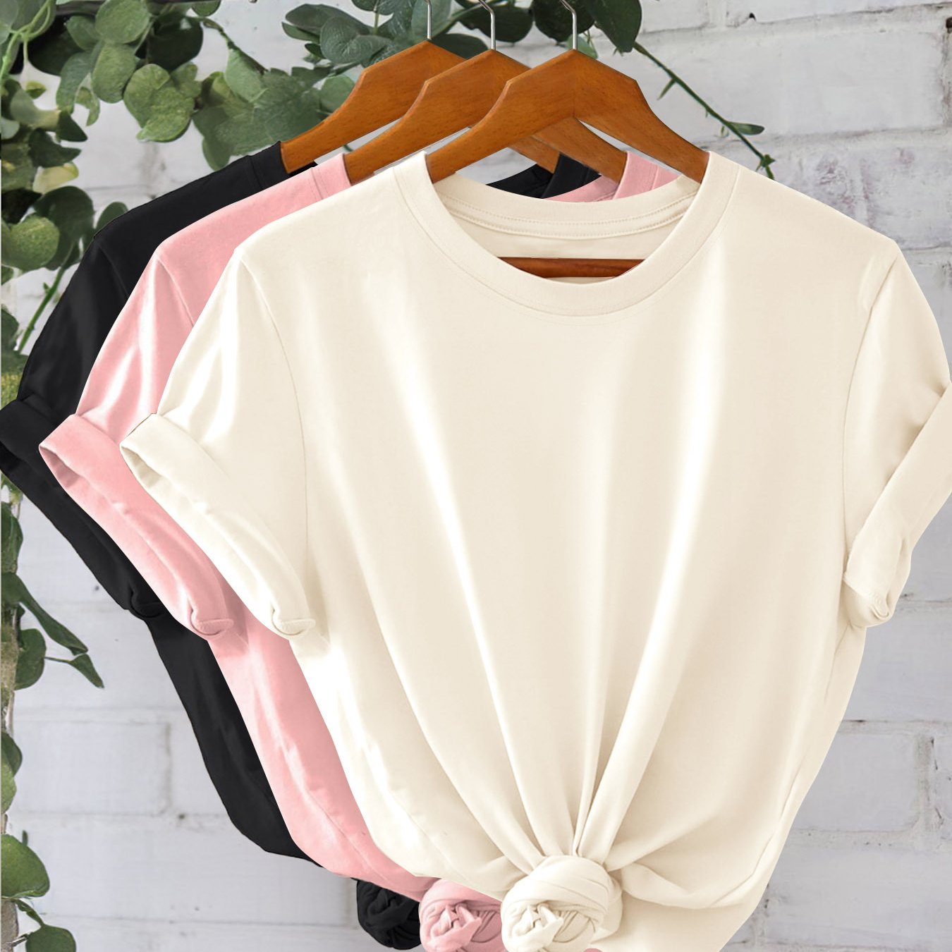 Set of 3 Women's Cotton Solid Color Crew Neck T-Shirts with Short Sleeves and Knot Detail