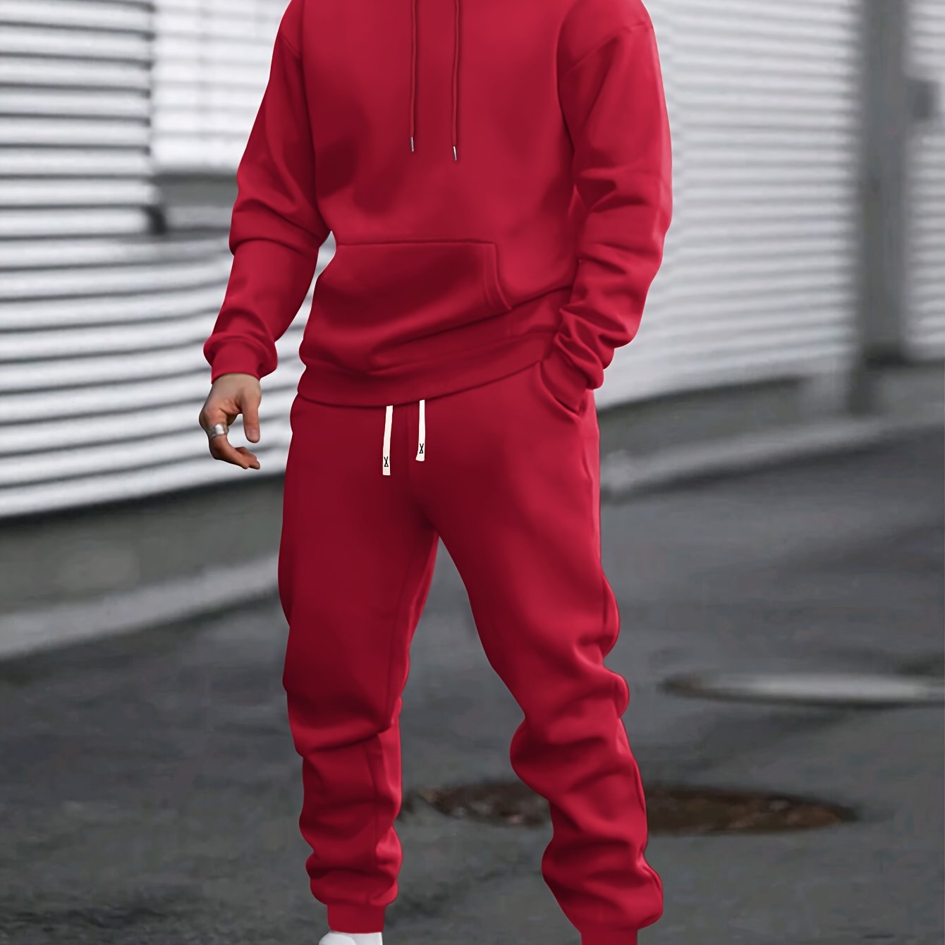 Men's Casual Sportswear Set Hoodie and Joggers Solid Color Polyester Blend Machine Washable for Spring Fall