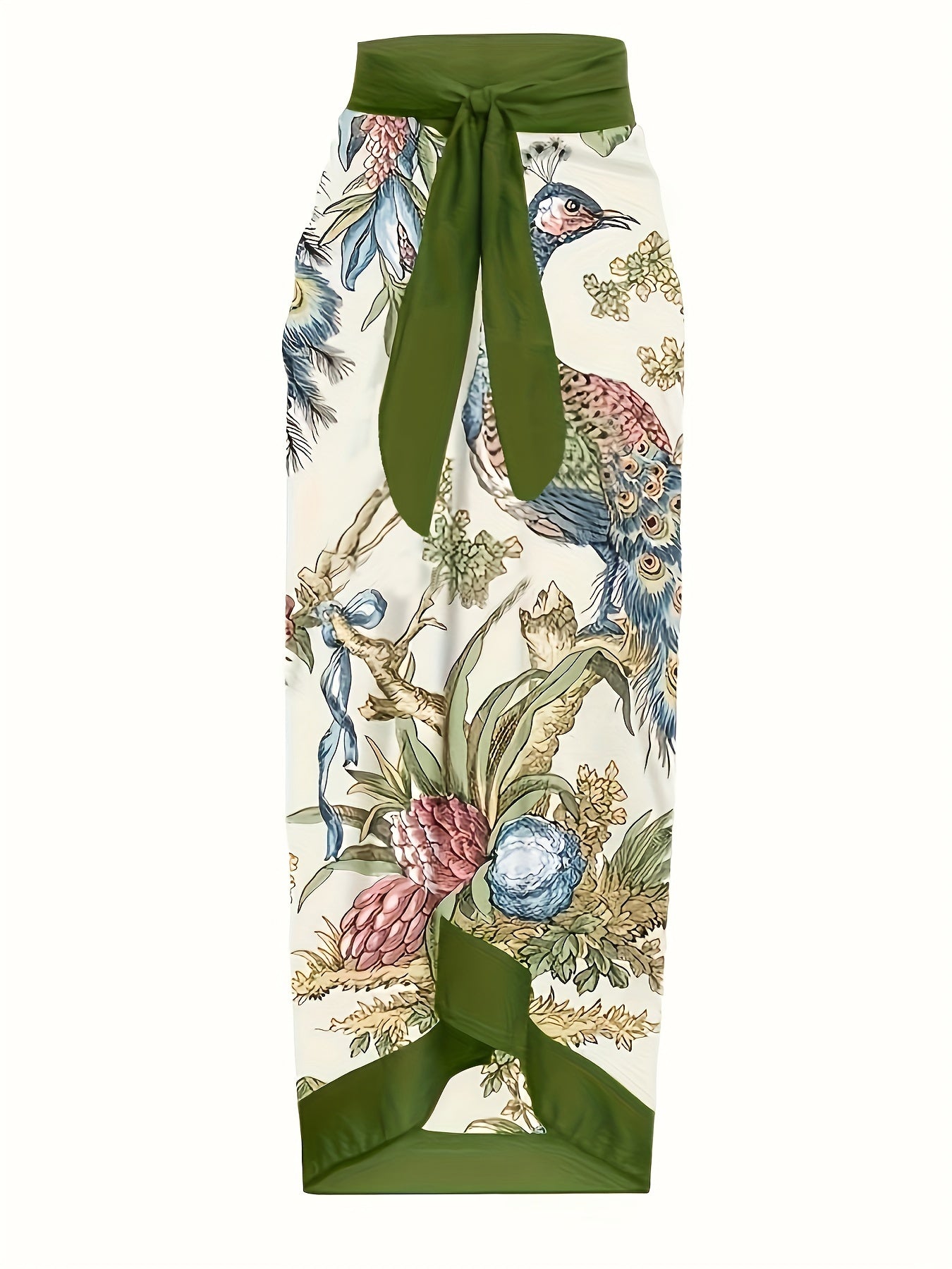 Women's Two-Piece Swimsuit Set with Bird and Floral Print Tummy Control Bathing Suit and Cover-Up Skirt