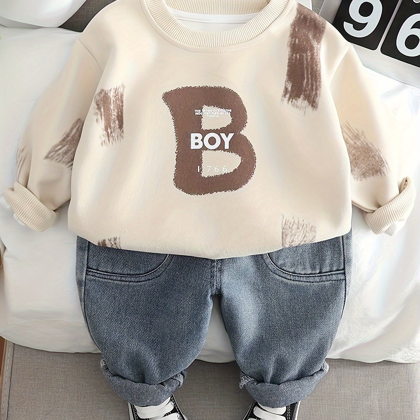 Boys' 2-Piece Outfit Long Sleeve Sweatshirt and Denim Pants Spring Fall Casual Kids Clothing