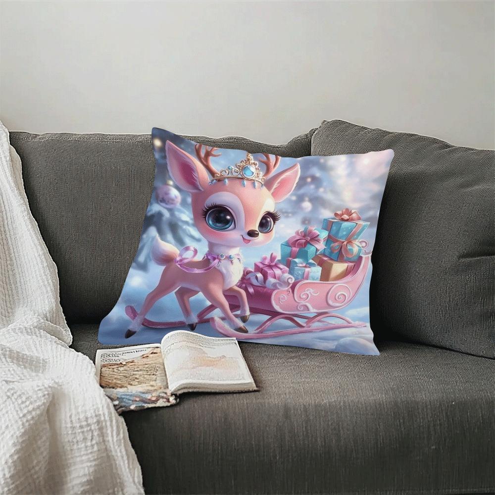 Festive Christmas Throw Pillow Cover 45cm Square Elf and Reindeer Design Polyester