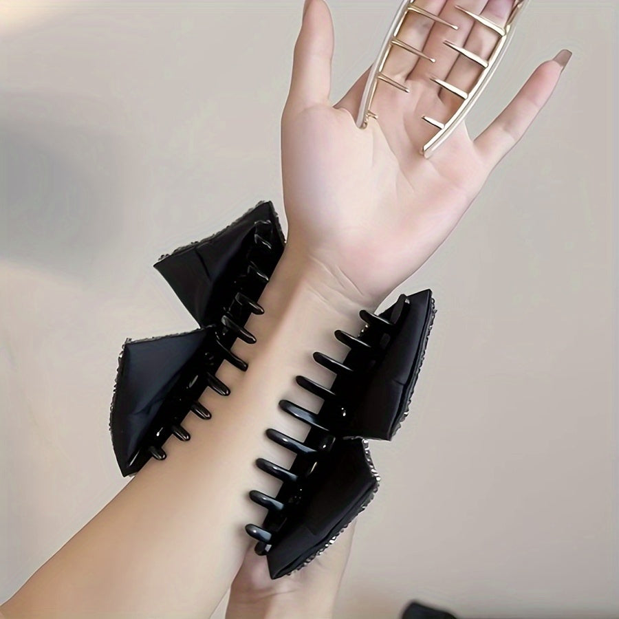 Qora satindan tayanchli soch klipi, rhinestones bilan bezatilgan akril shark klipi, ayollar uchun