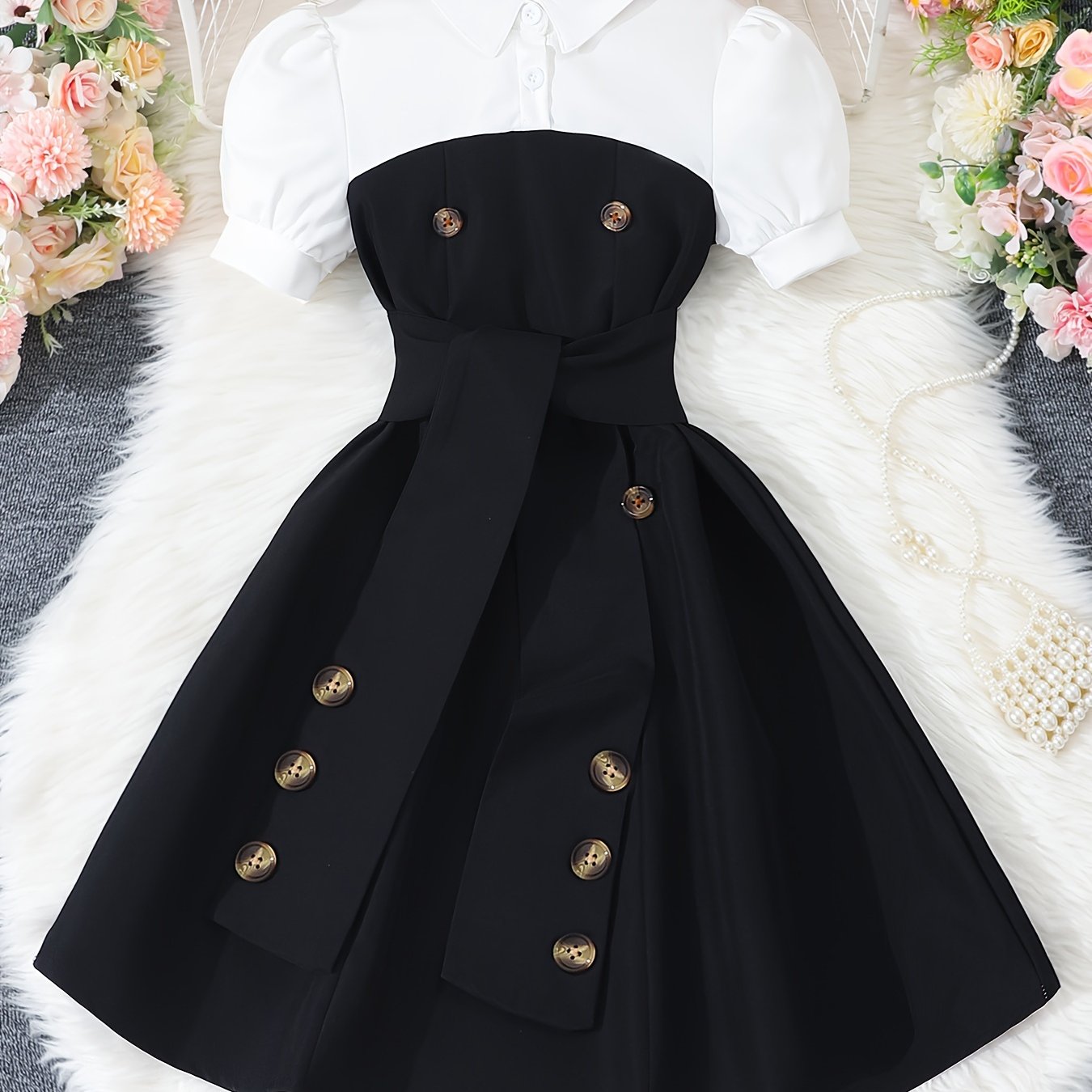 Girls Summer Dress Short Sleeve Collared Beige White Leopard Buttons Belt Casual Polyester