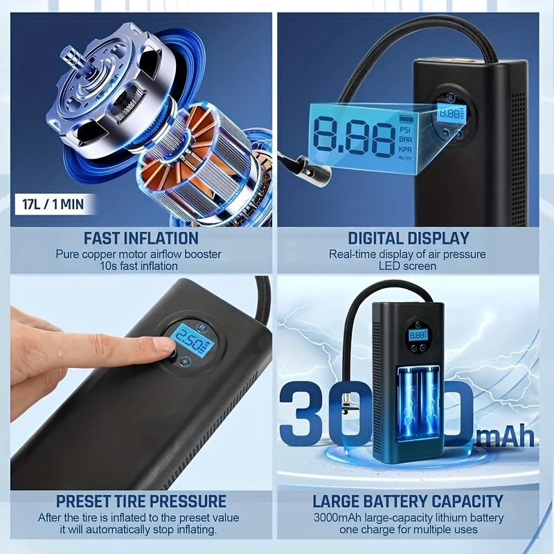 Digital Tire Inflator with Automatic Shut-Off USB Battery Powered 150 PSI for Car Bicycle Electric Bike and Balls