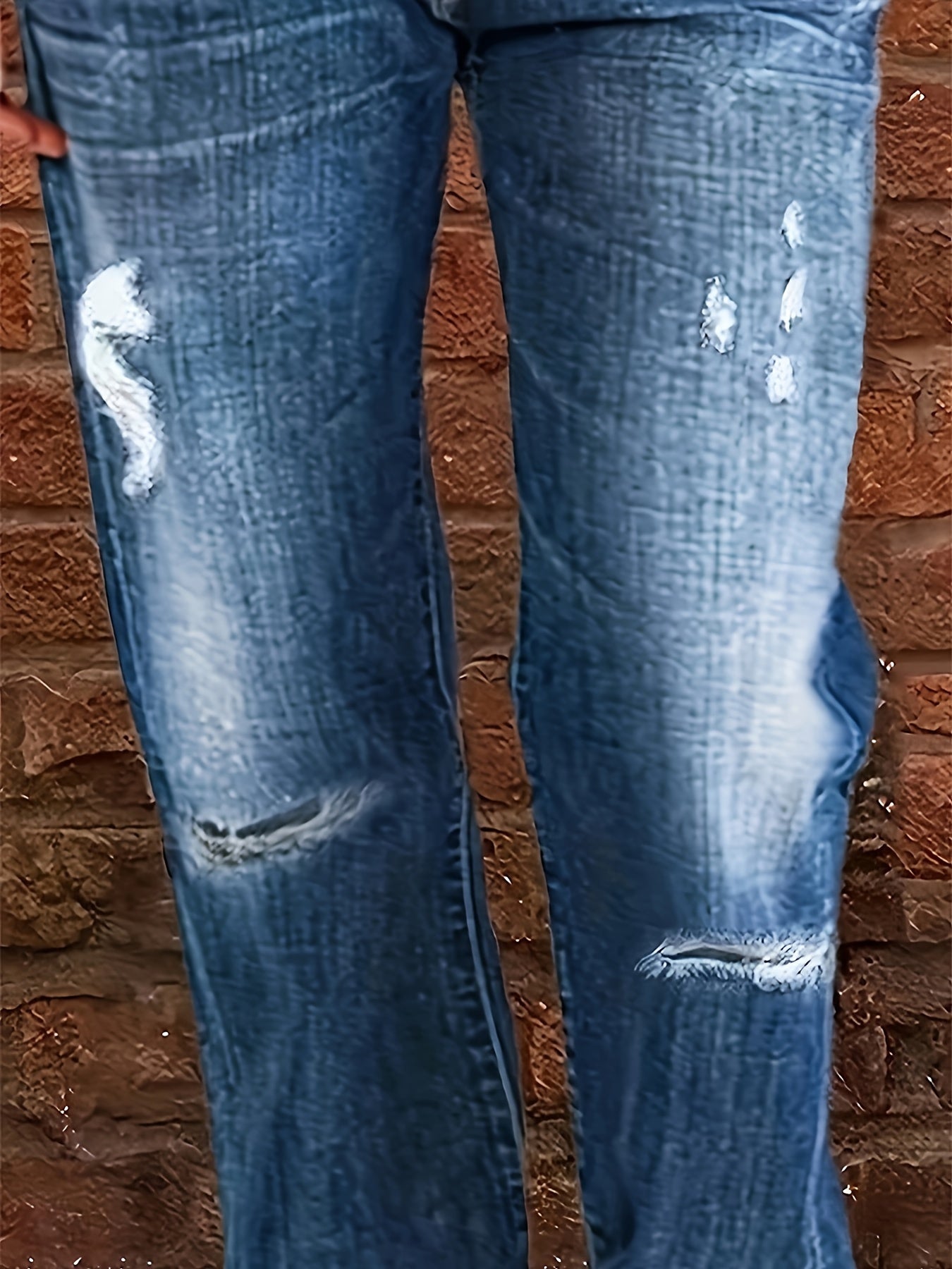 Women's Light Blue Distressed Straight Jeans High Stretch Casual