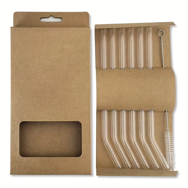 6 Pack Clear Borosilicate Glass Straws with Cleaning Brush Reusable Heat-Resistant