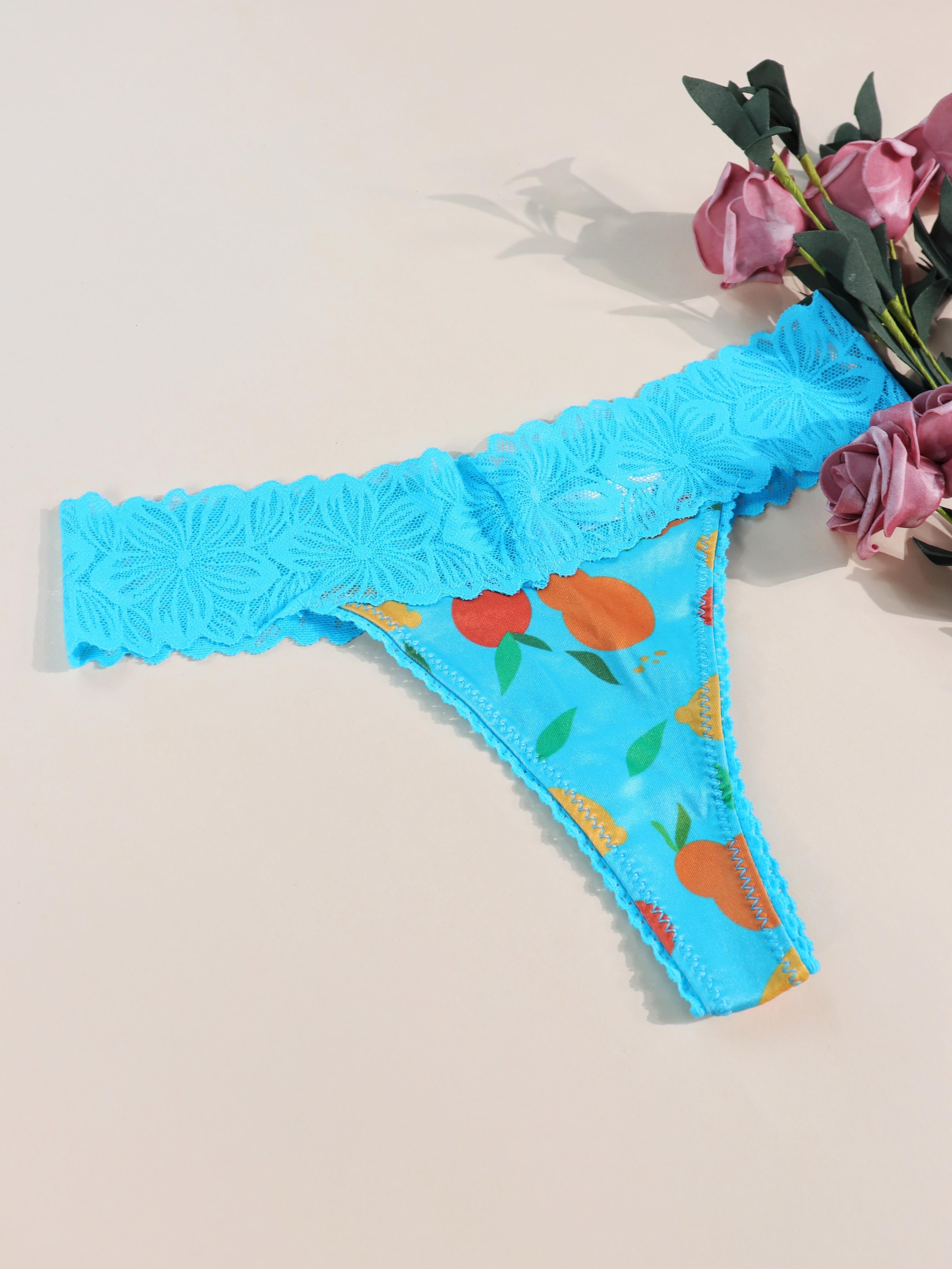 Women's Blue Fruits Print Lace Thong G-String Low Waist Lingerie