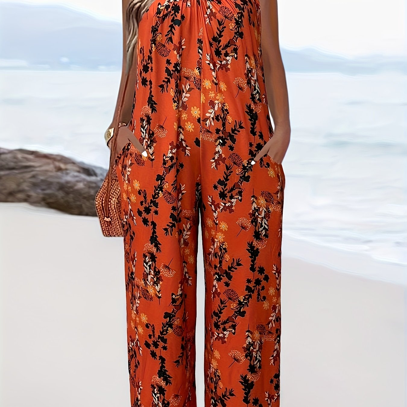 Plus-Size Casual Jumpsuit with 3D Floral Print Pockets Vacation Style