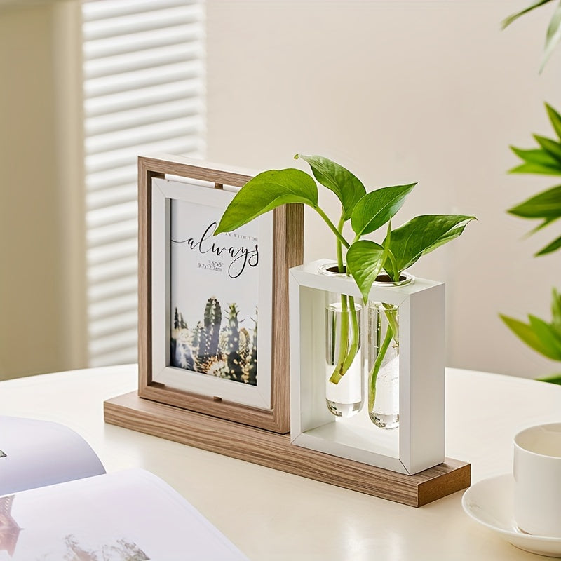 Hydroponic Plant Photo Frame with Glass Vase Wooden Desktop Decor for Living Room Study or TV Cabinet
