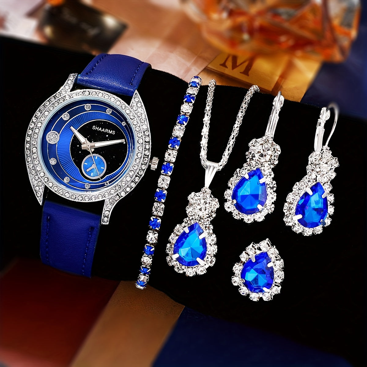 Set of 6 Women's Elegant Quartz Watches and Jewelry with Blue Straps and Crystal Accents