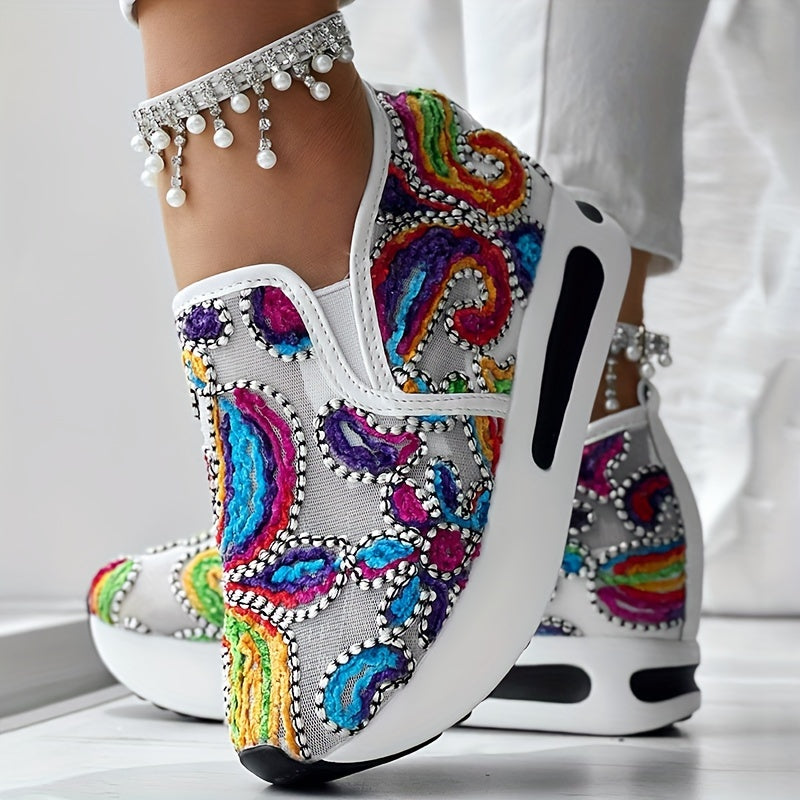 Women’s Colorful Embroidered Floral Slip-On Sneakers Breathable Fabric