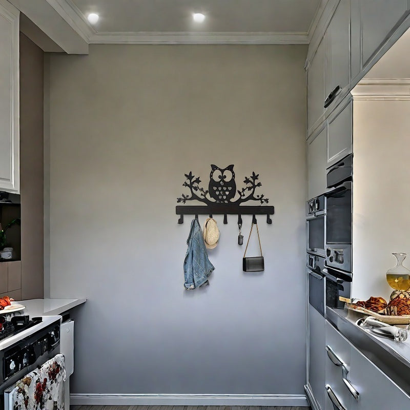 Wall-Mounted Iron Owl Coat Hook with Seven Hooks for Entryway Storage