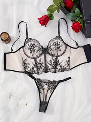 Women's Floral Embroidered Lingerie Set with Semi-Sheer Bustier and Thong