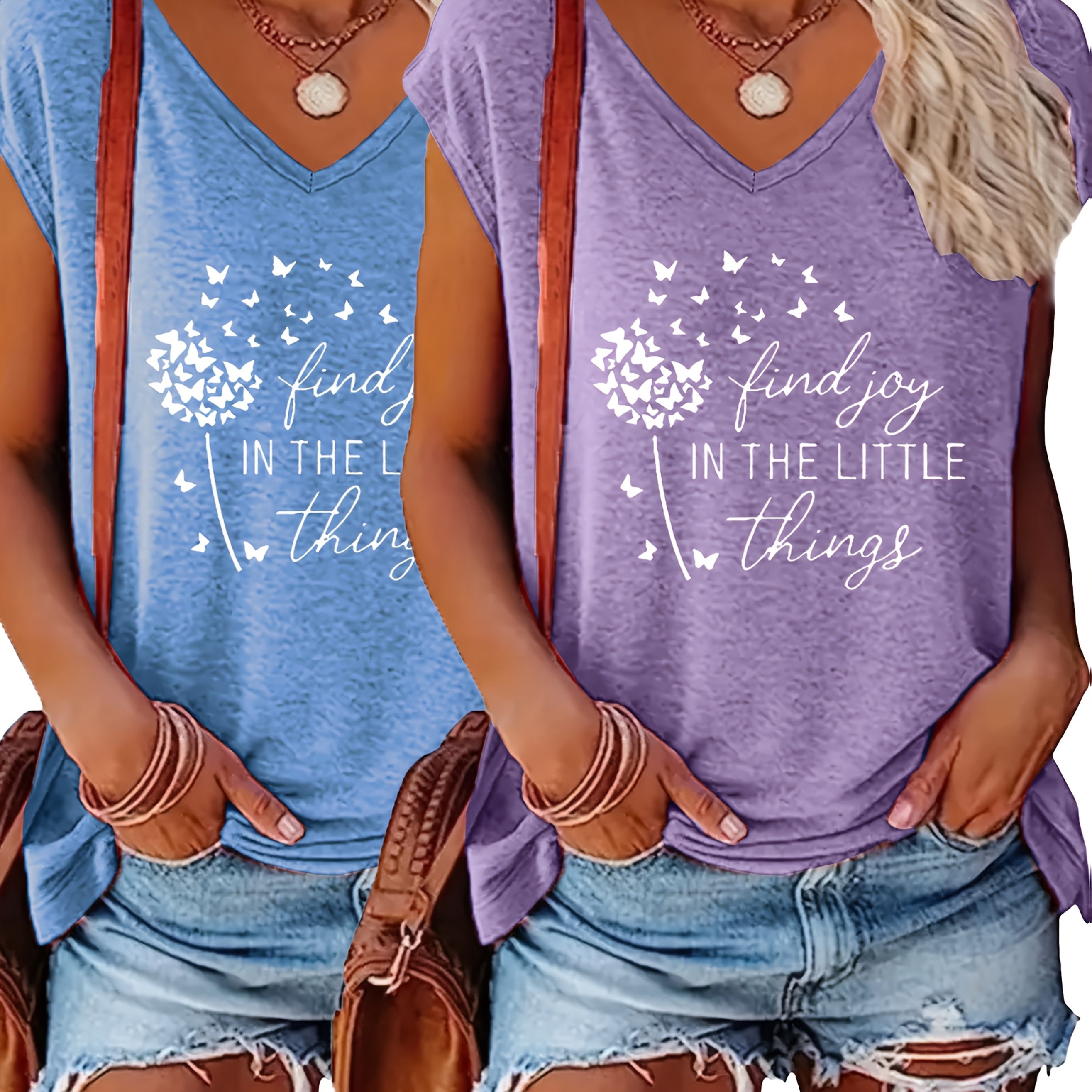 Women's Printed V-Neck T-Shirts Short Sleeve Casual Spring Summer Pack of 2