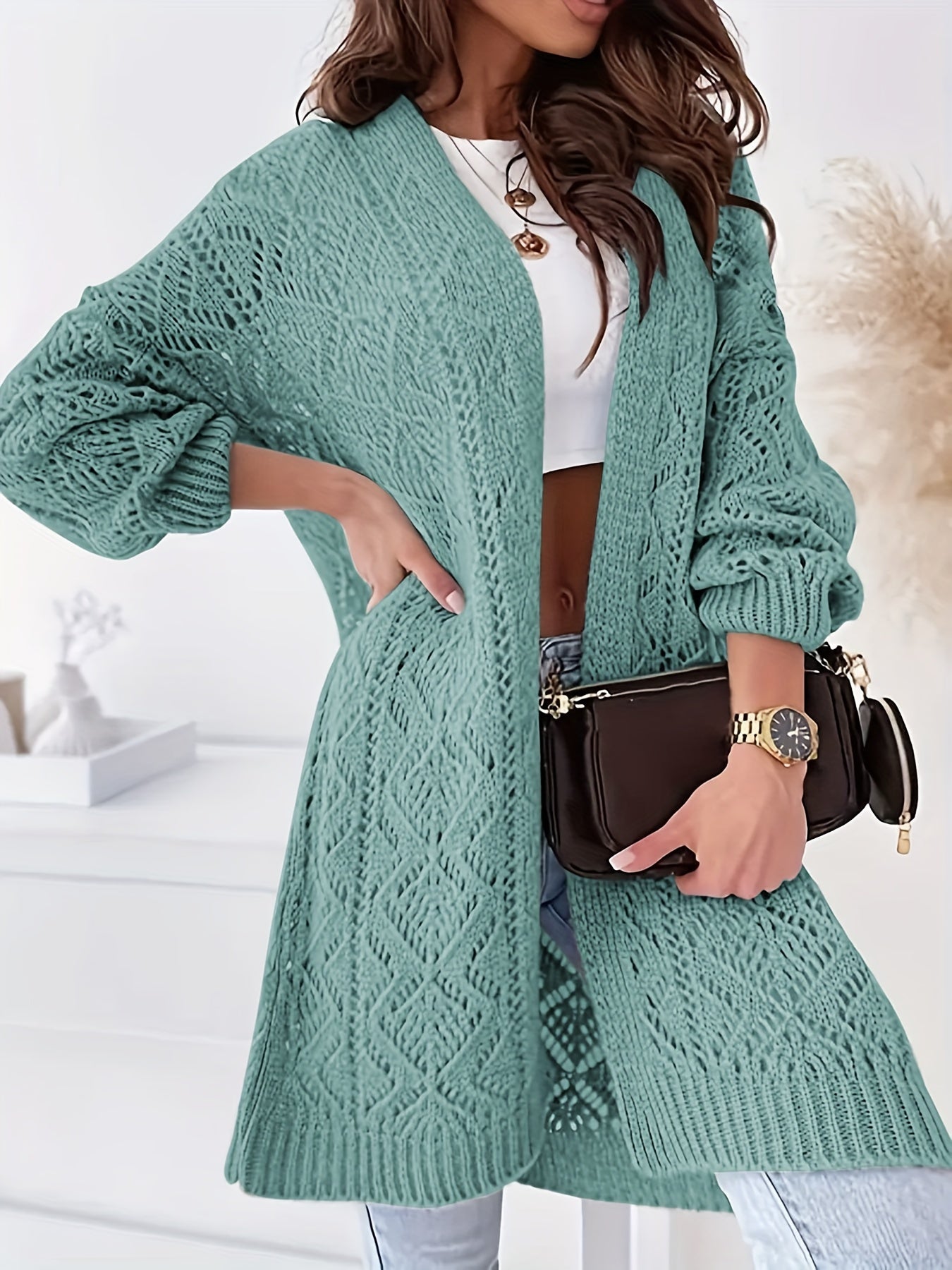 Кардиган крупной вязки с открытой передней частью и длинными рукавами, повседневная женская одежда