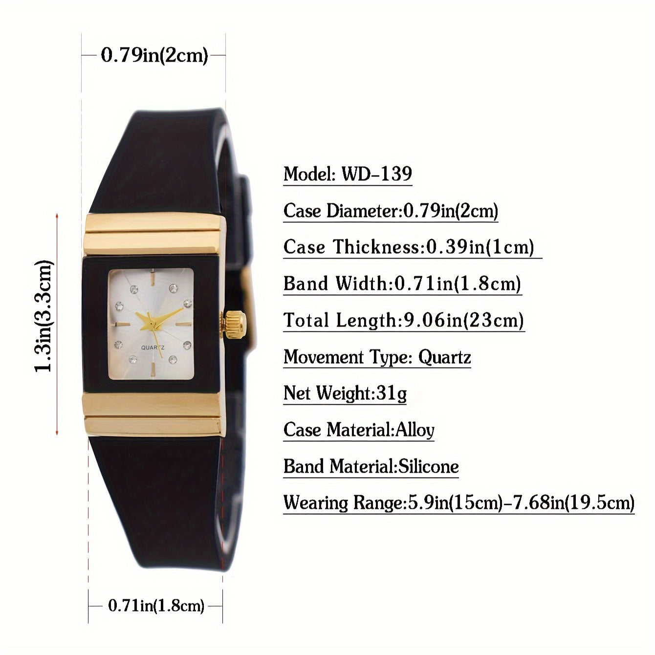 Women's Square Black and Gold Silicone Wristwatch Quartz Fashionable Casual
