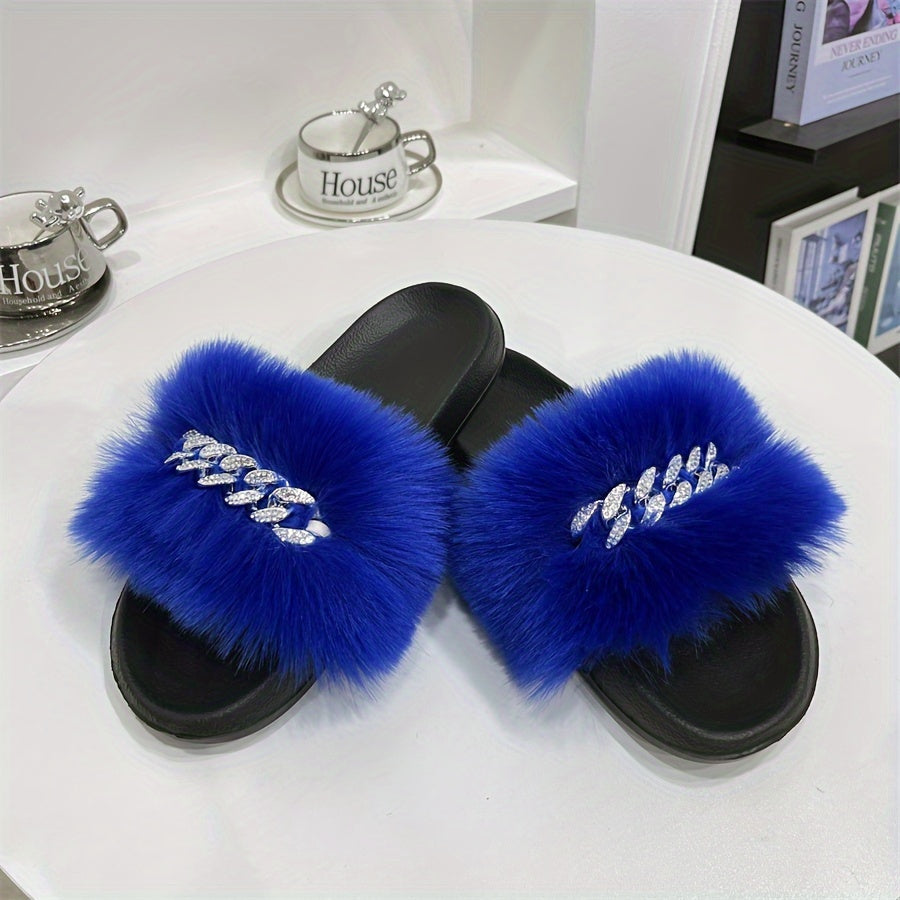 Women's Rhinestone Chain Flat Sandals Faux Fur Summer Casual Slides