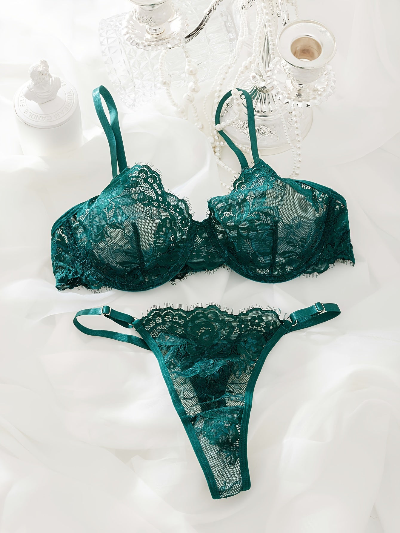 Women's Floral Lace Lingerie Set with Bra and Thong for Women