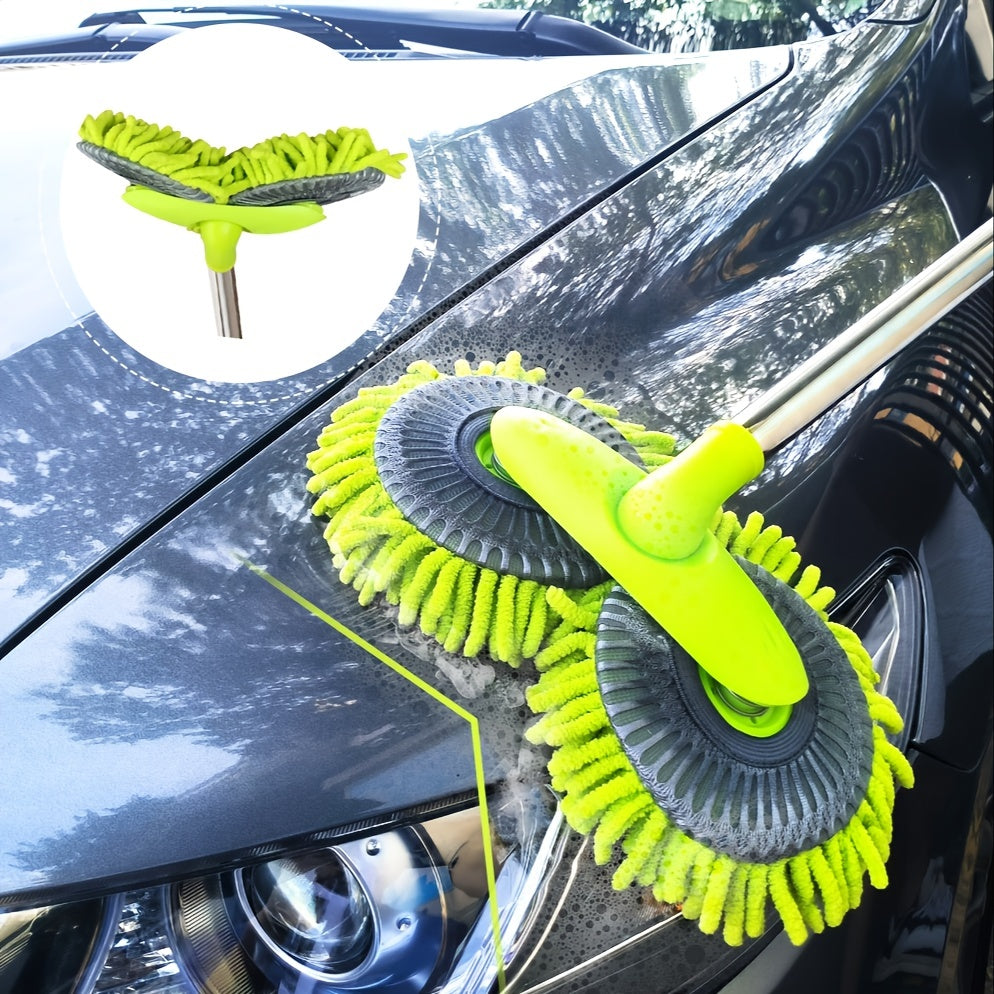 Cepillo de microfibra verde para lavado de coches con mango largo y cabeza ajustable