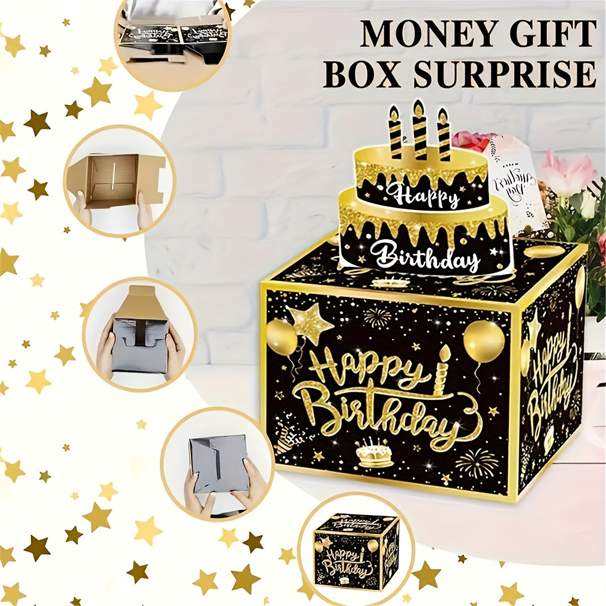 Caja de regalo extraíble para dinero de cumpleaños en negro y dorado con tarjeta de pastel para celebraciones