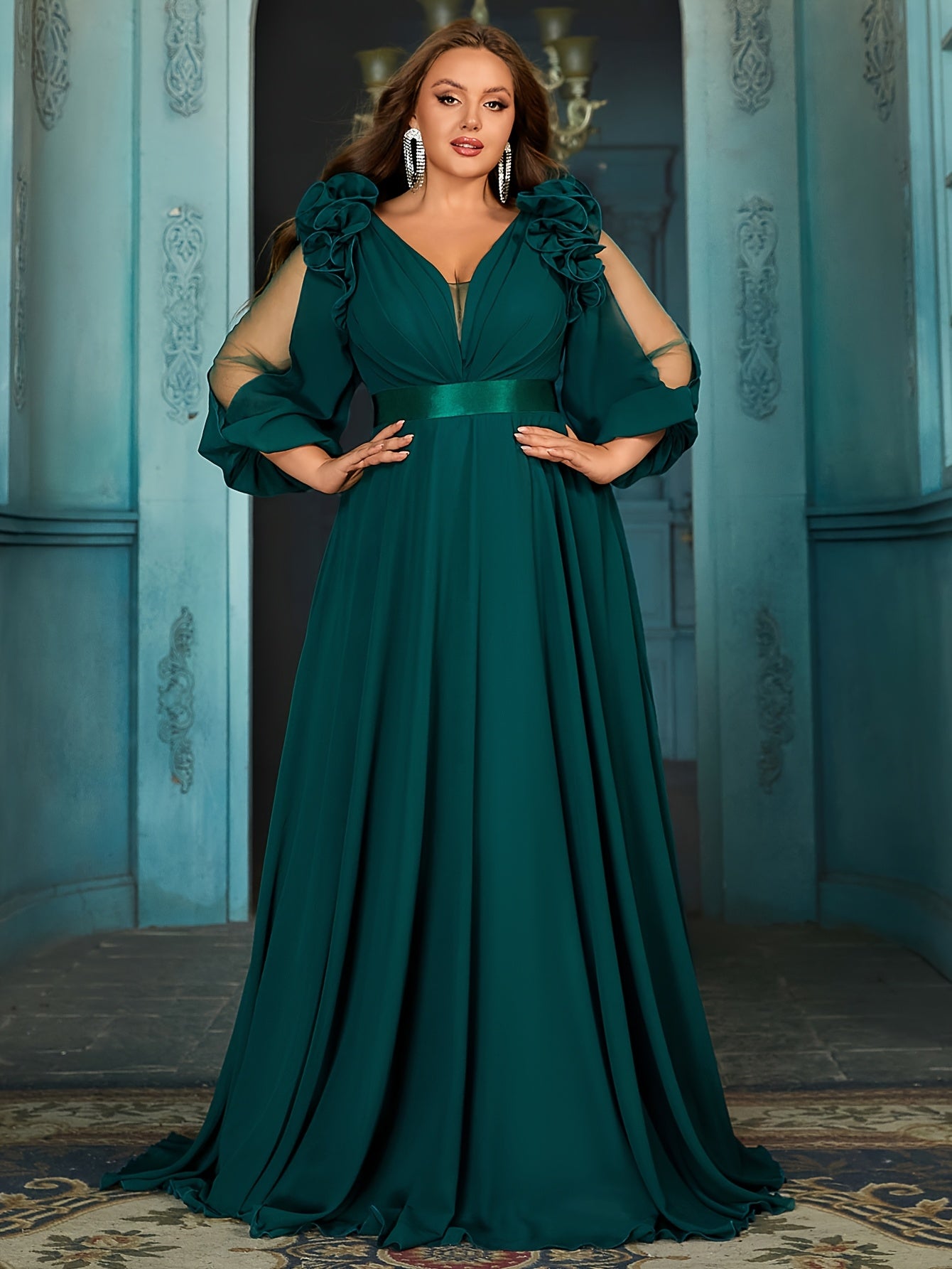 Maroon Maxi Dress for Plus Size V-Neck Lantern Sleeves Pleated Long Casual Semi-Formal